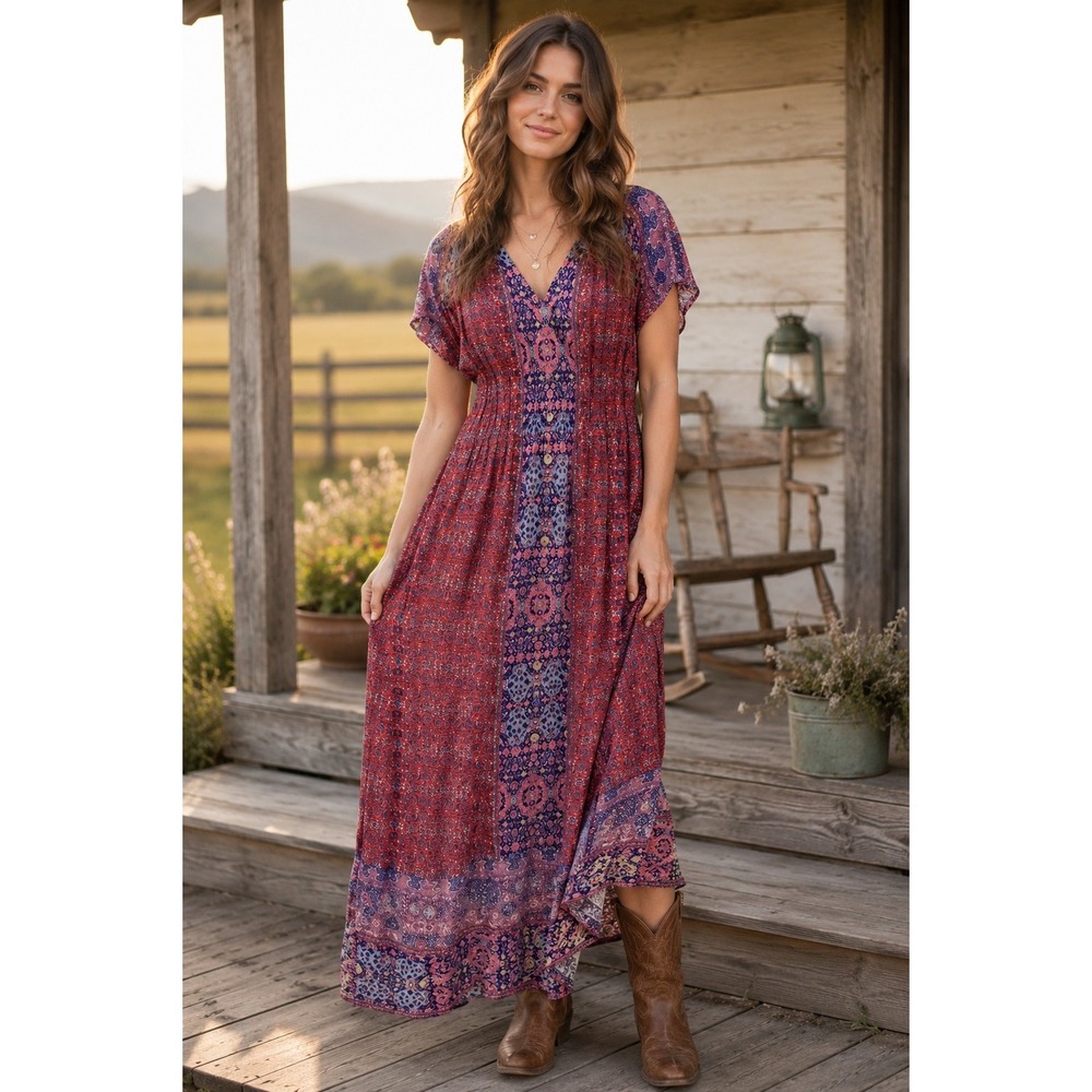 Lucky Brand Maxi Dress Women Small Red Blue Paisley Boho Western Prairie Flowy